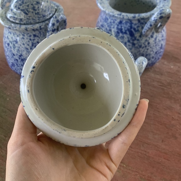 Vintage Blue Speckled Stoneware Lidded Bean Jar Set of 3 - Picture 5 of 8